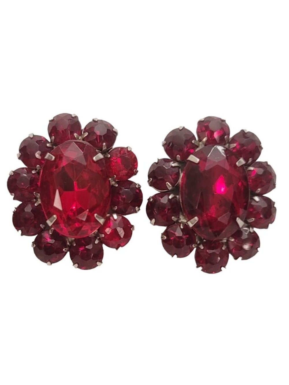 Red Prong Set Rhinestone Round Cluster Clip-On Earrings E206